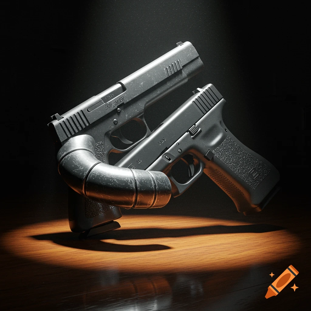 Two black handguns, a Sig Sauer and a Glock, wrapped by a dark pipe, on a wooden surface with spotlight, photorealistic.
