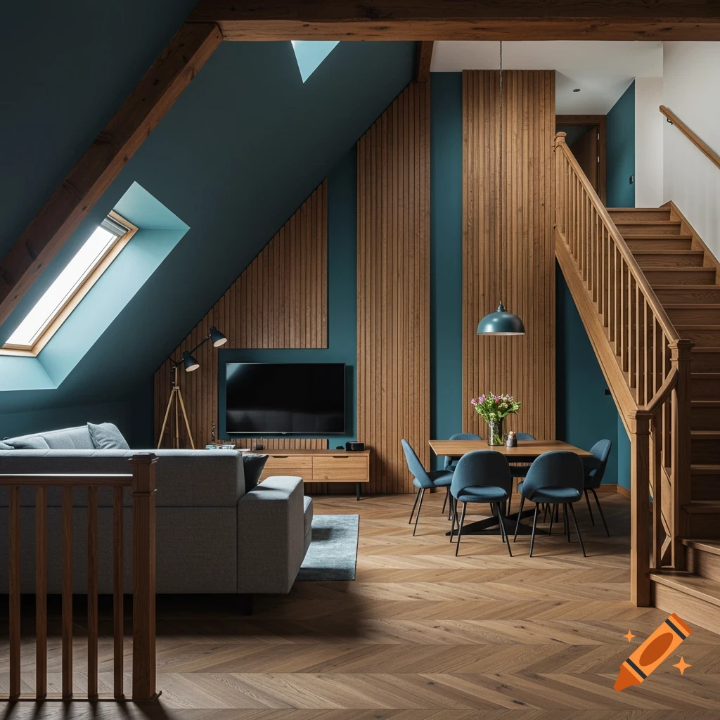 Modern living room and dining area with a slanted ceiling, wooden beams, teal walls, a sectional sofa, a dining table, and a wooden staircase.