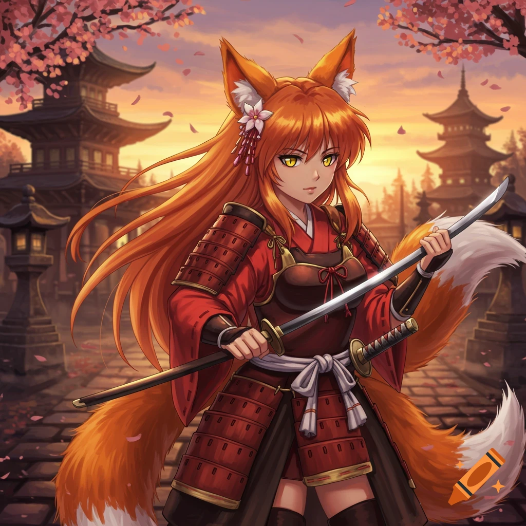 Anime-style fox-girl in red samurai armor holding a katana, with Japanese pagodas and cherry blossoms in the background.