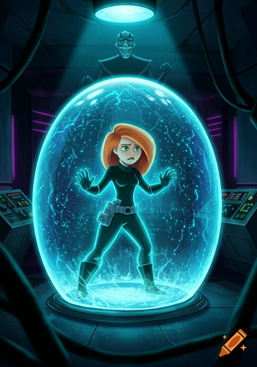 Cartoon of Kim Possible trapped in a glowing blue stasis field, with Dr. Drakken looming in a dark sci-fi lab.