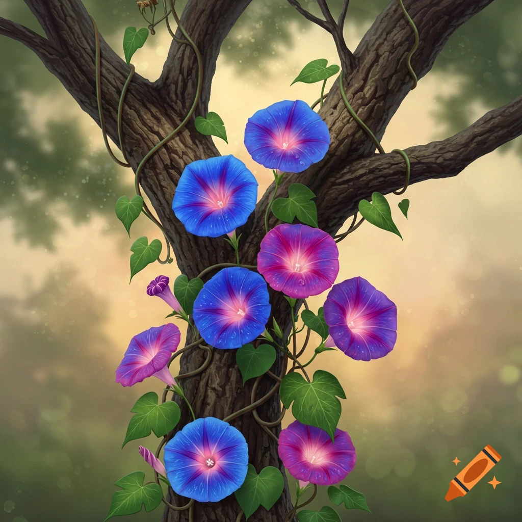 Vibrant blue and purple morning glory flowers climb a tree trunk with green vines against a softly blurred, bright background.