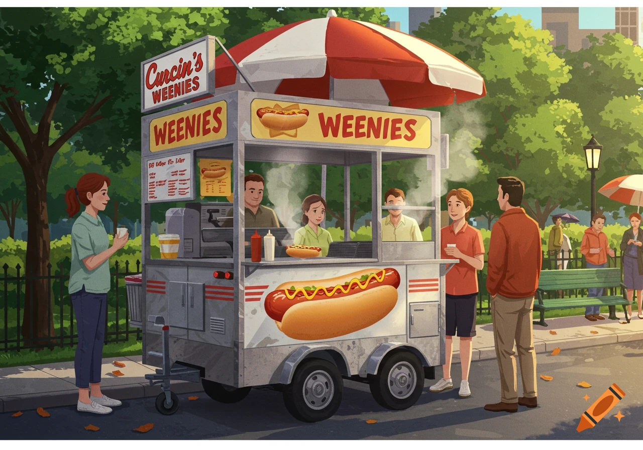 An illustration of a hot dog cart with a red and white umbrella in a park, with people lined up to buy food. The cart has 'Curcin's Weenies' and 'WEENIES' written on it.