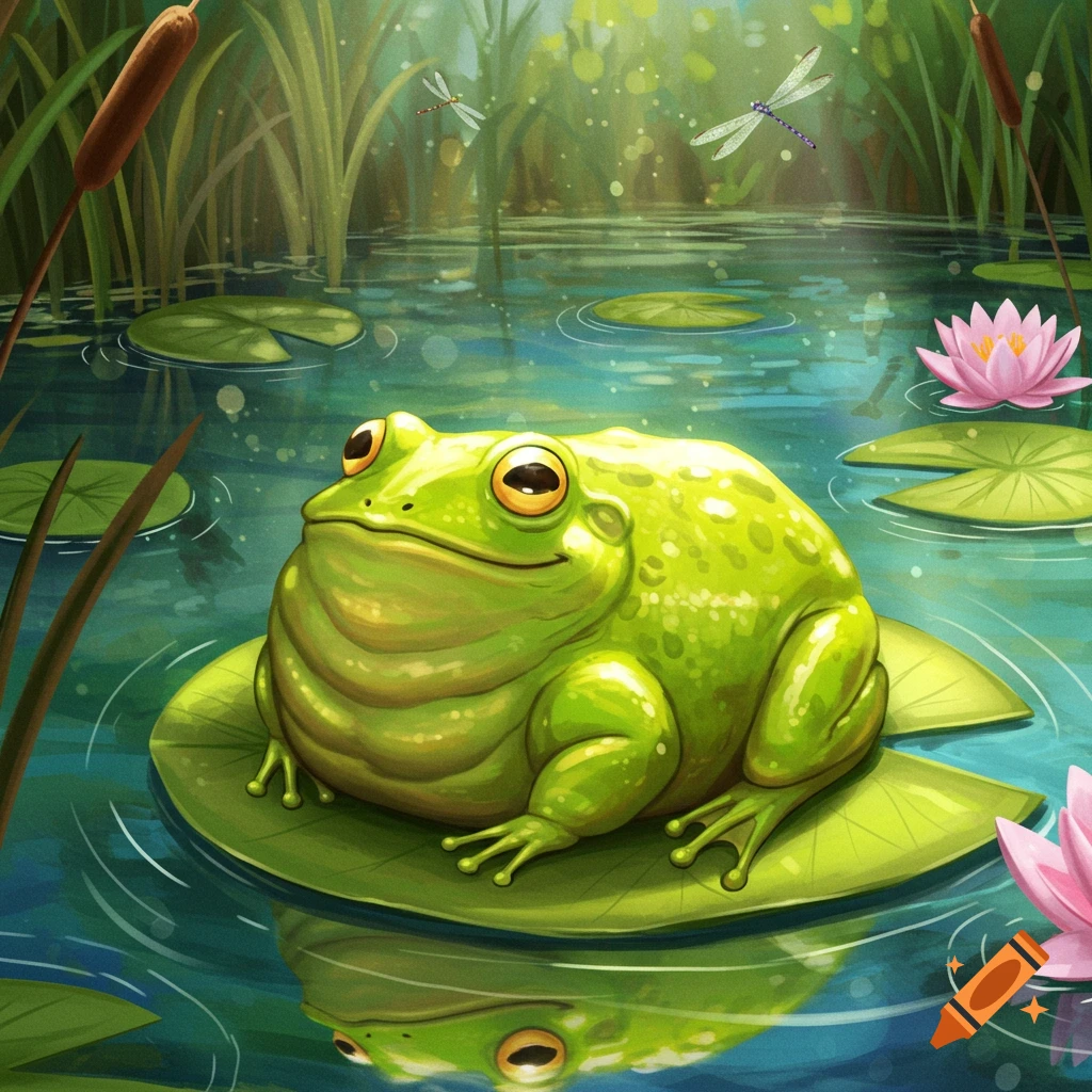 A plump green frog sits on a lily pad in a pond with pink water lilies, cattails, and dragonflies in a vibrant illustration style.