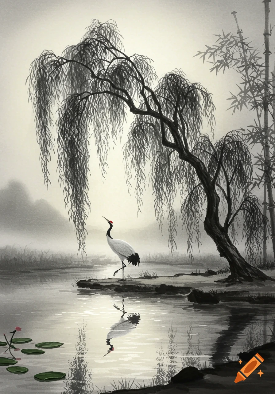 A white crane with a red head stands on a rock by a misty lake under a weeping willow tree, in Chinese ink painting style.