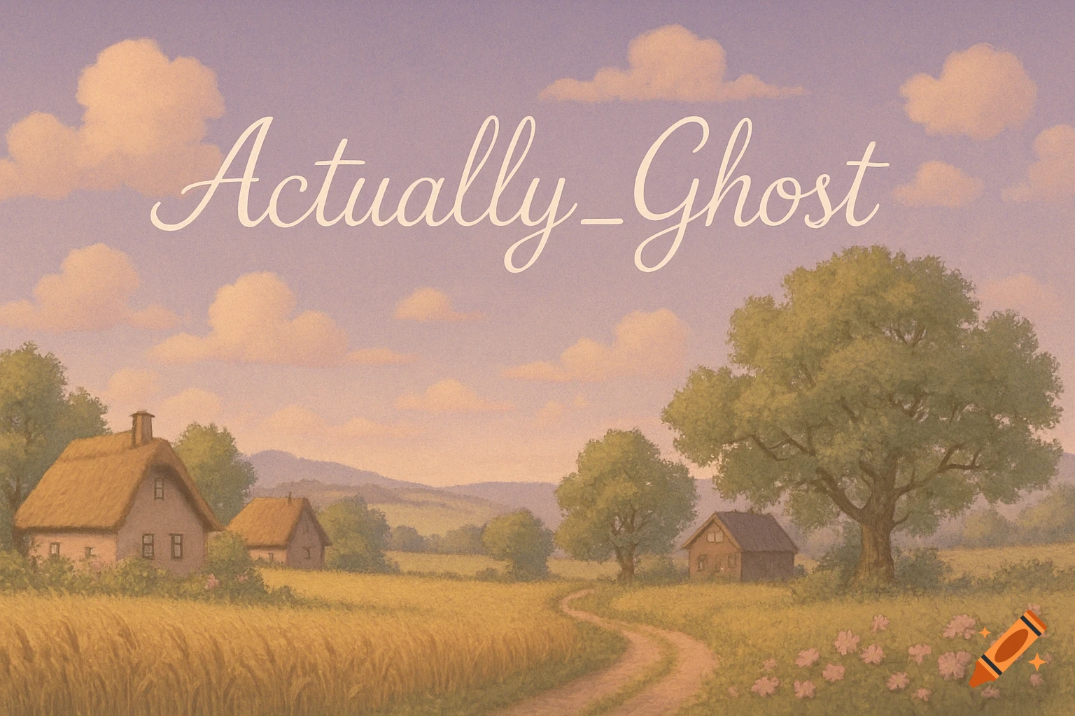 A serene illustration of a countryside landscape with a winding path through fields, houses, trees, and 'Actually_Ghost' text across the sky.