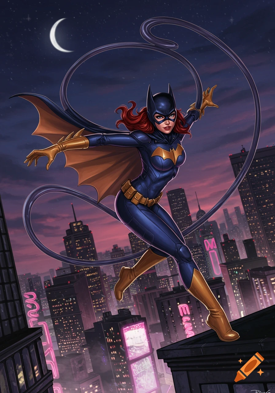 Batgirl with red hair and a dark blue suit leaps over a stylized city at dusk, a crescent moon in the sky, in a comic book art style.