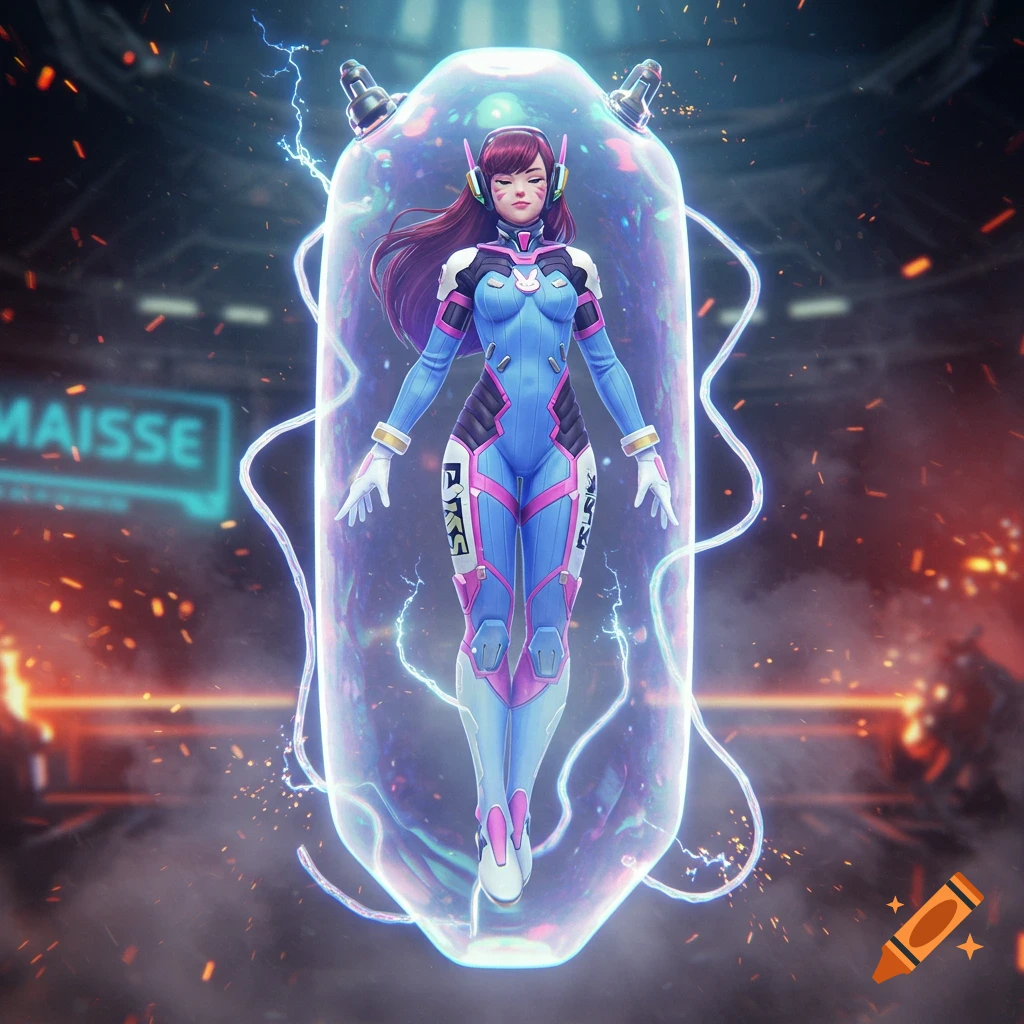 D.Va from Overwatch in her blue and pink bodysuit, suspended in a glowing, transparent stasis pod with electricity arcing around her, against a dark, industrial background.
