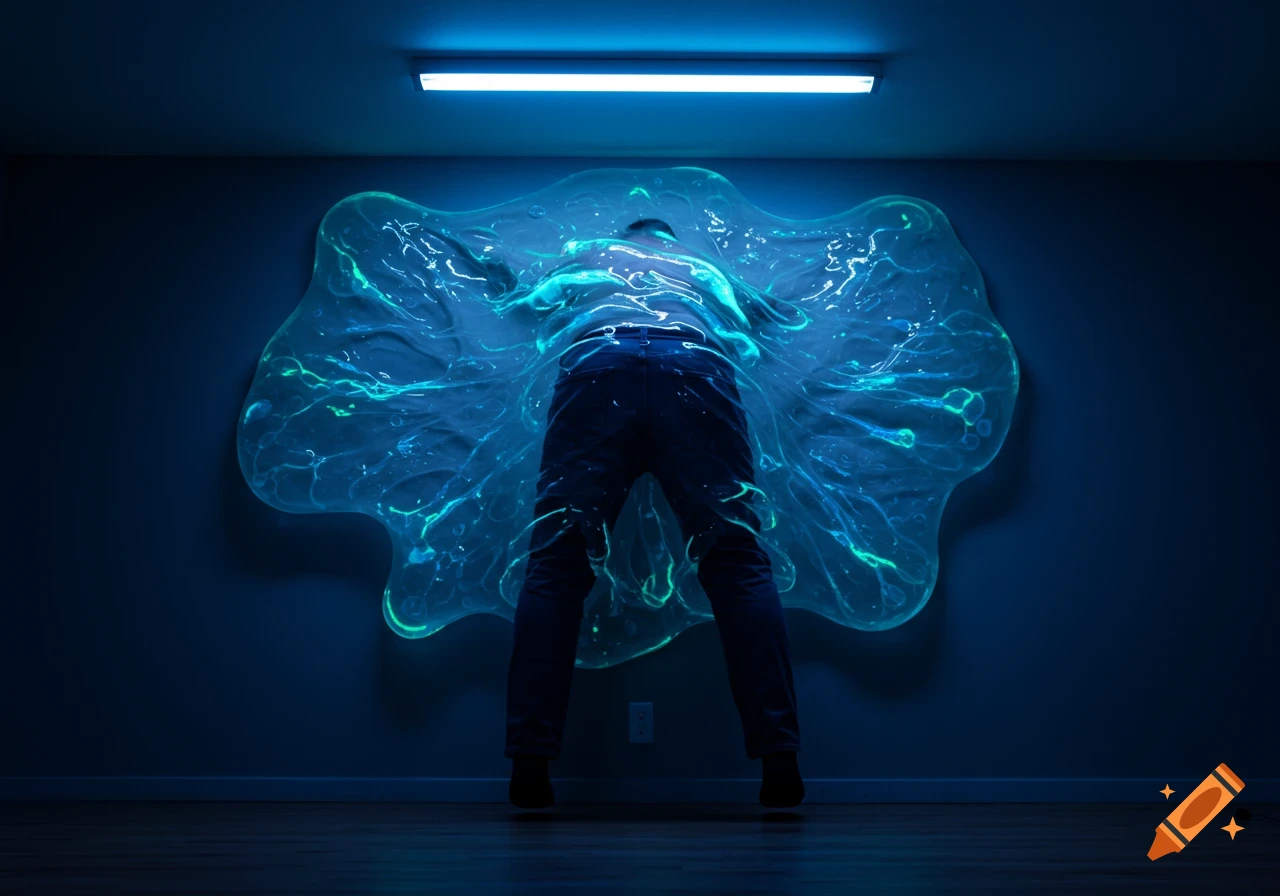A man's lower body is shown from behind as a glowing blue-green blob-like slime clings to a dark wall, appearing to swallow him.