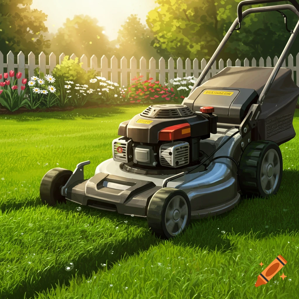 A detailed illustration of a lawnmower on a lush green lawn, with a white picket fence and flowering bushes in the sunny background.