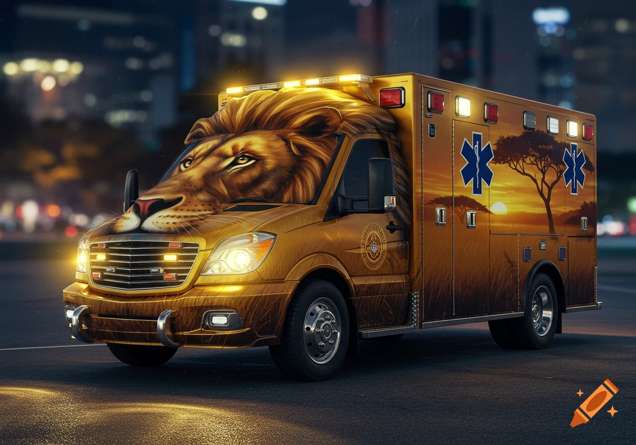 A gold ambulance with a lion's head motif on the front and a savanna sunset design on the side, parked at night.