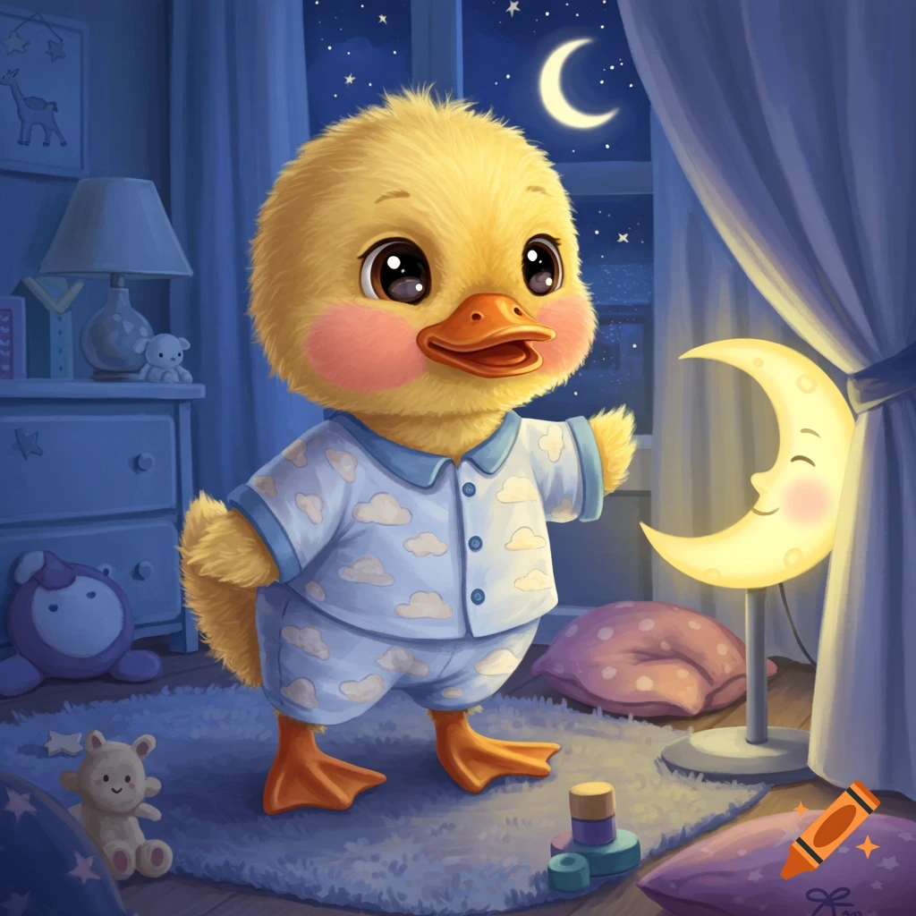A cute baby duck in blue cloud pajamas stands in a nighttime bedroom with a smiling crescent moon lamp.