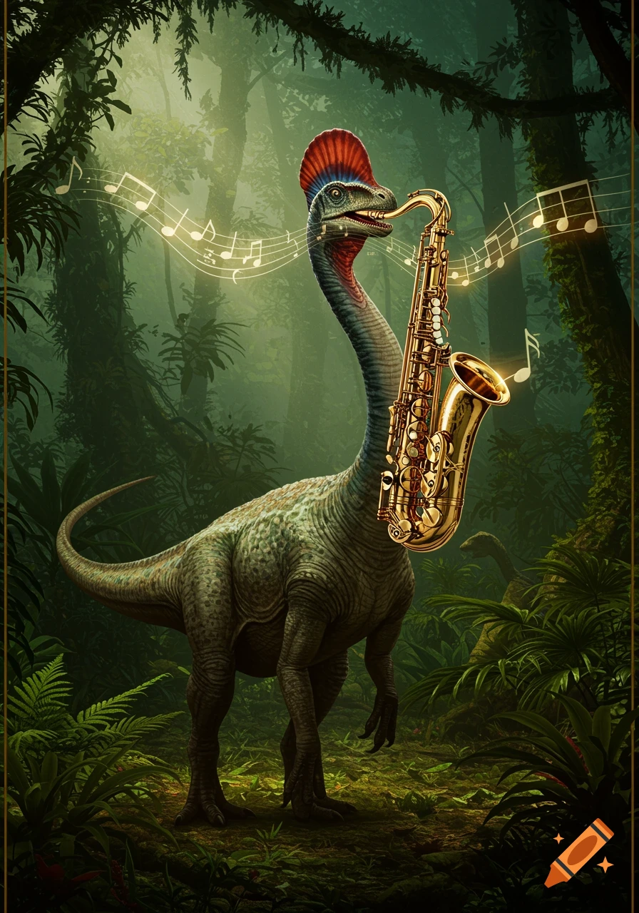 A parasaur-like dinosaur with a saxophone for a face, playing music notes in a lush, green jungle.