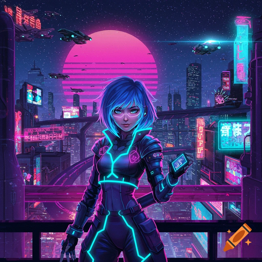 An anime girl with blue hair in futuristic gear holds a device, overlooking a neon-lit cyberpunk city with a large pink moon.