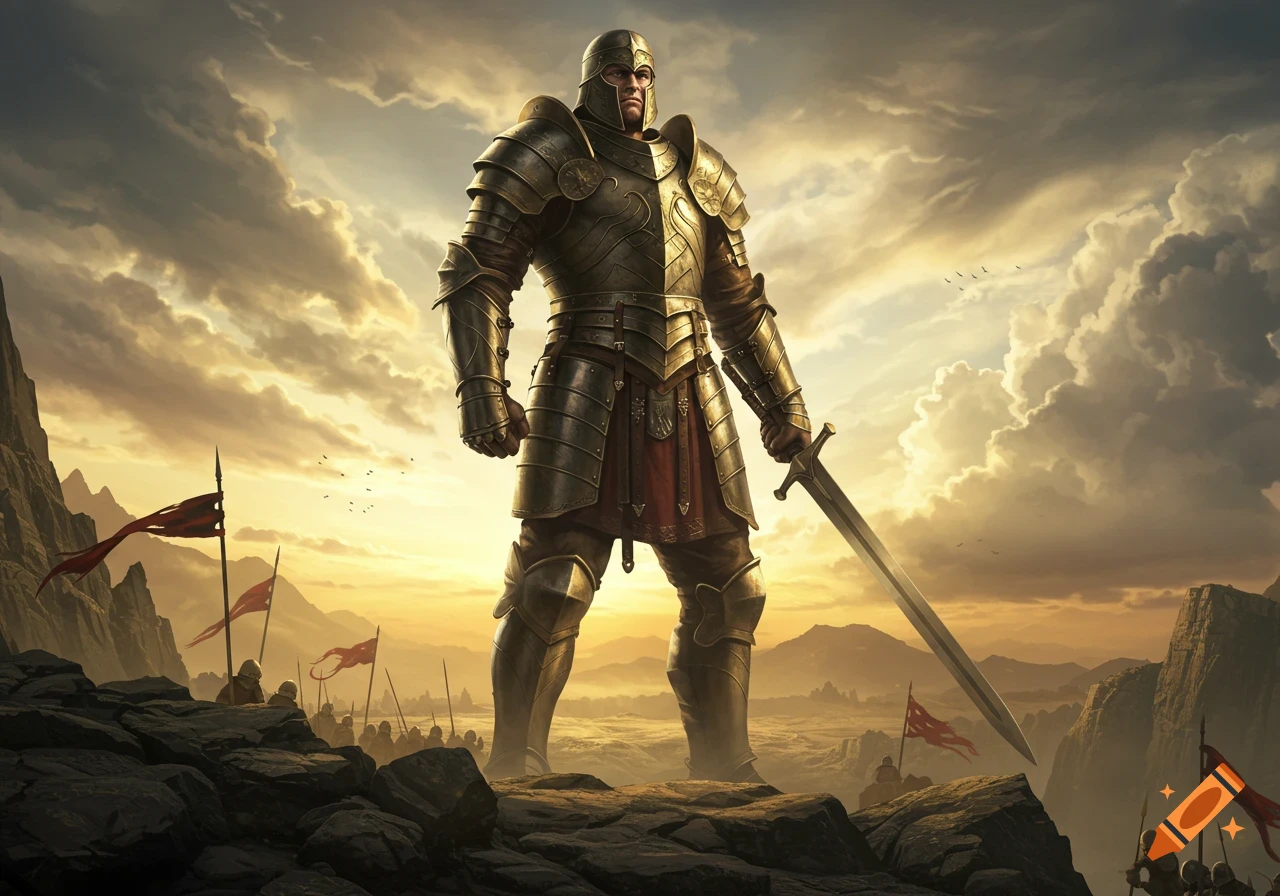 A towering knight in golden armor stands on a rocky peak, holding a large sword, against a dramatic sunset sky with an army in the distance.