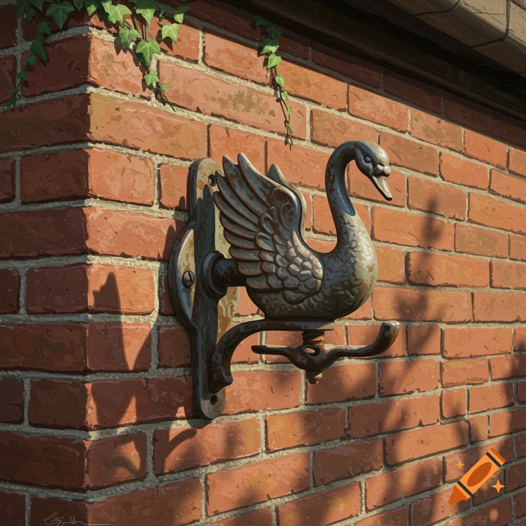 A rustic metal swan sculpture is mounted on a red brick wall, with green ivy above and strong sunlight shadows.