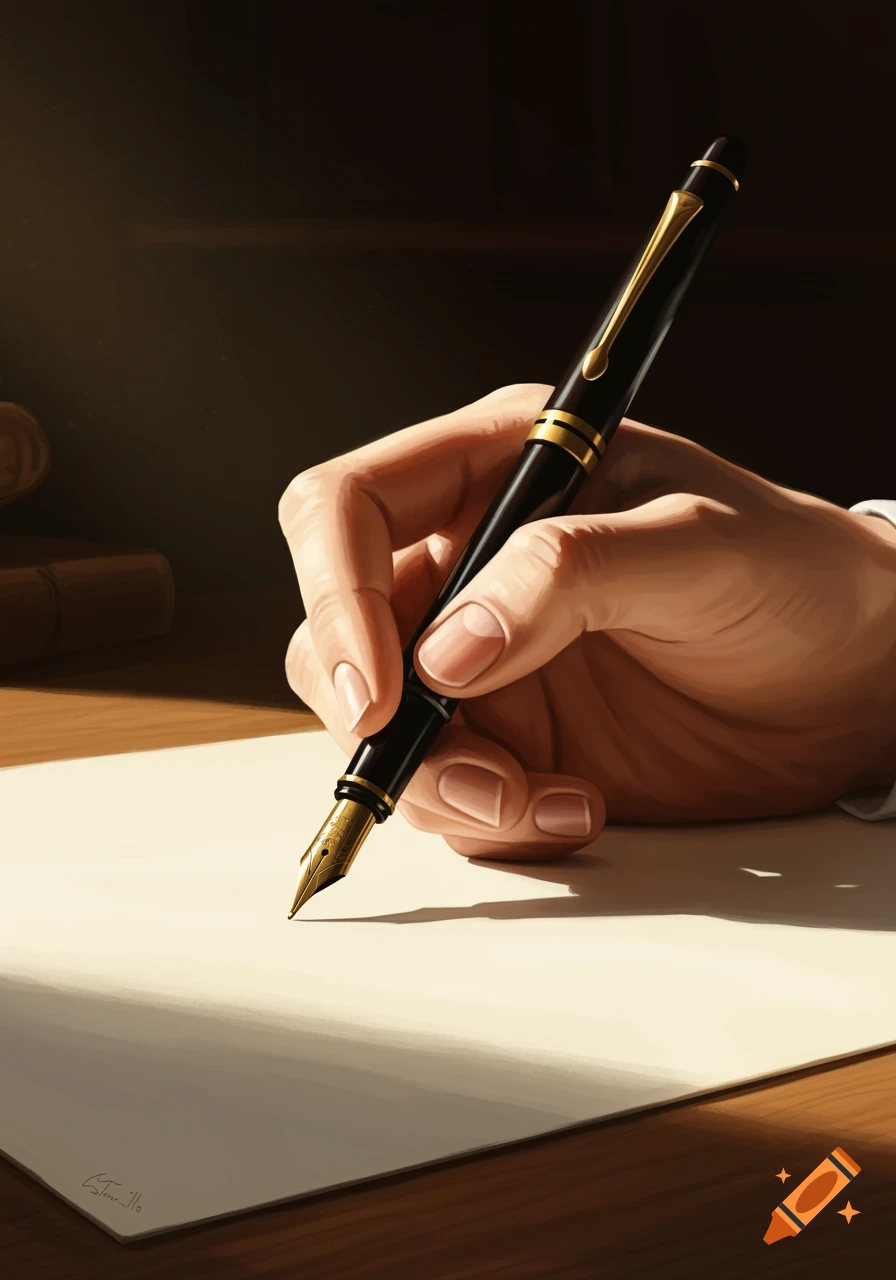 A hand holding a black and gold fountain pen poised over a blank sheet of paper on a wooden desk, illuminated by sunlight.