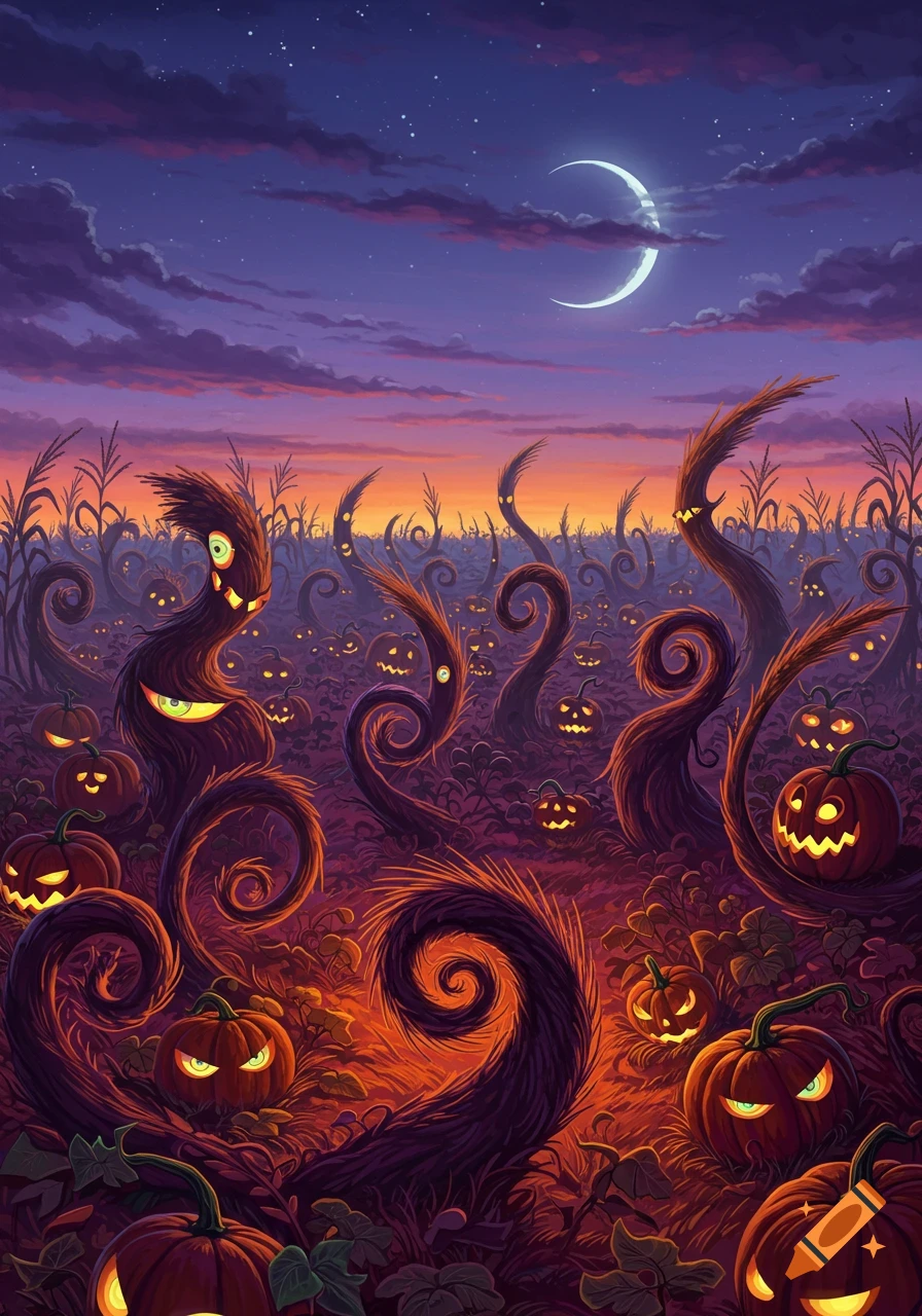 An eerie, trippy Halloween illustration of a cornfield at dusk, with glowing pumpkins and swirling monster plants under a crescent moon.
