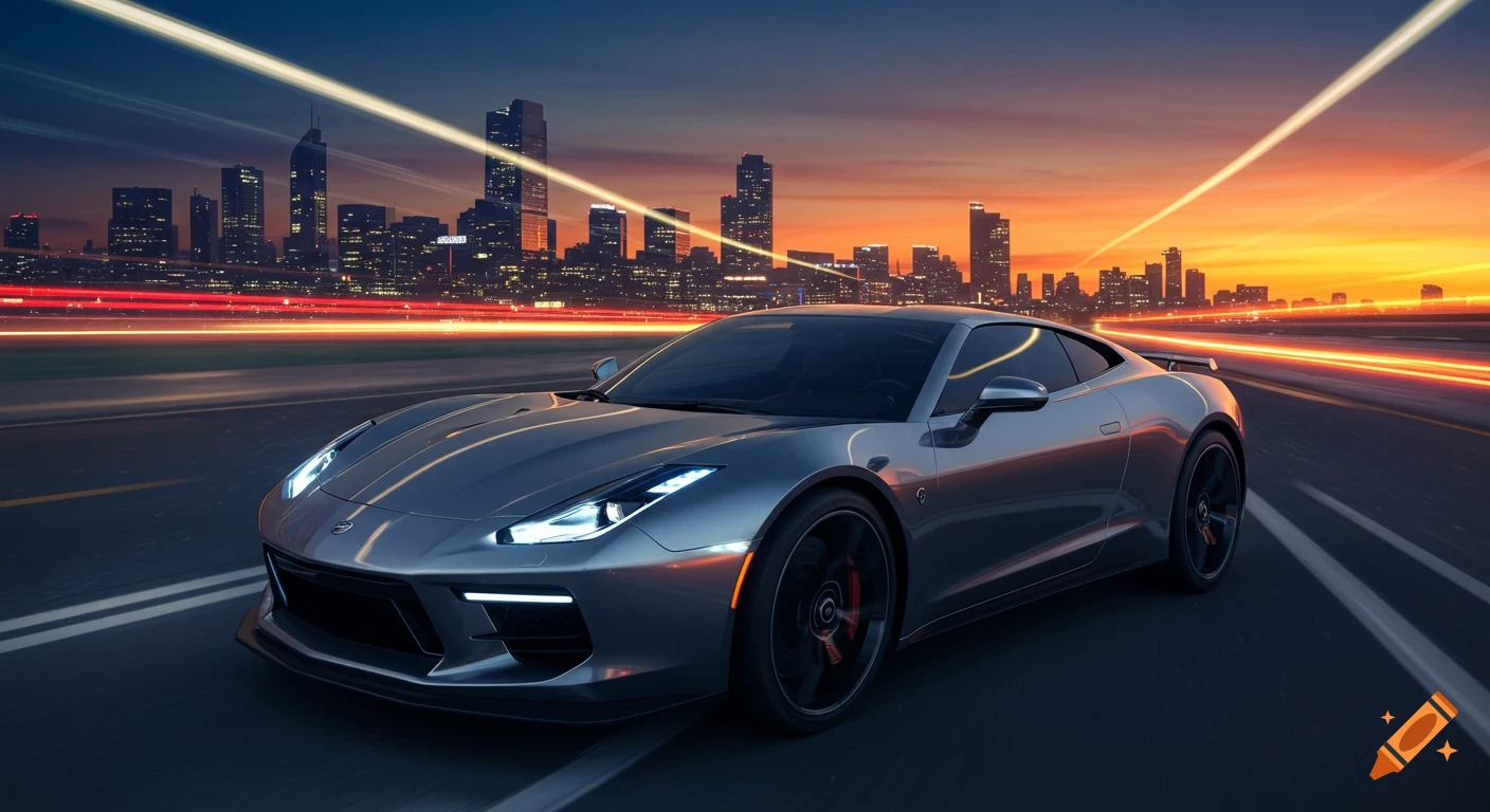 A silver sports car drives on a highway at dusk, with a blurred city skyline and light trails in the background.