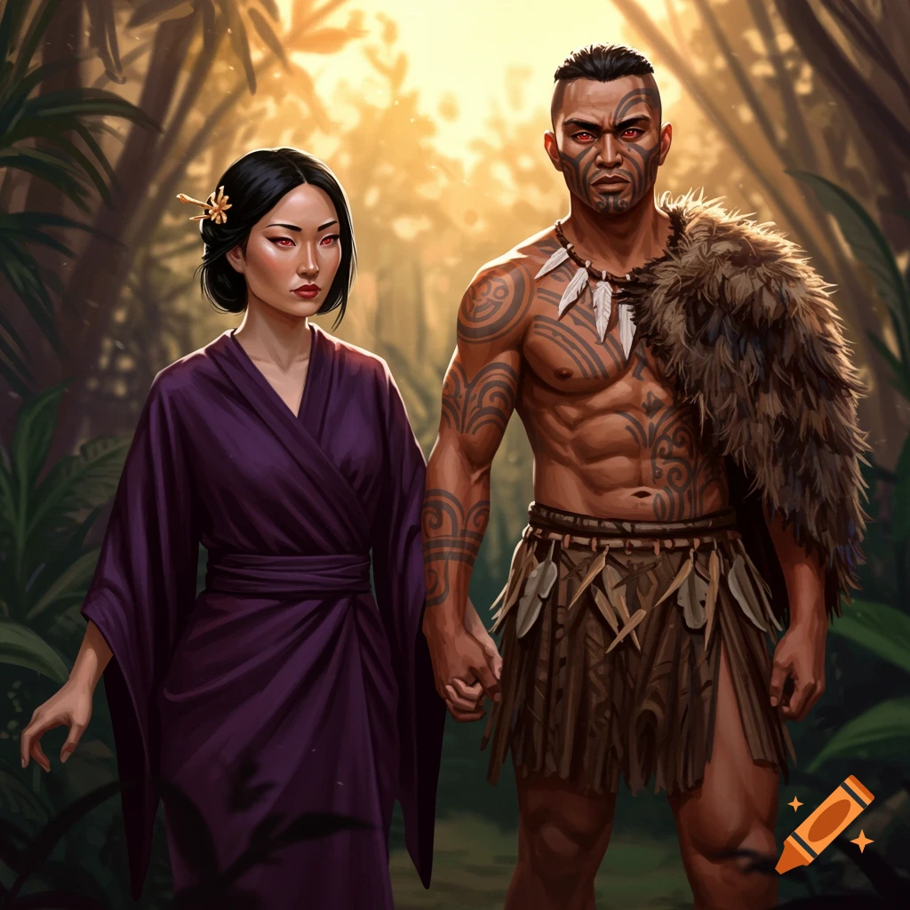 A digitally painted scene of an Asian woman in a purple kimono and a tattooed man in a fur cloak, both with red eyes, holding hands in a jungle.