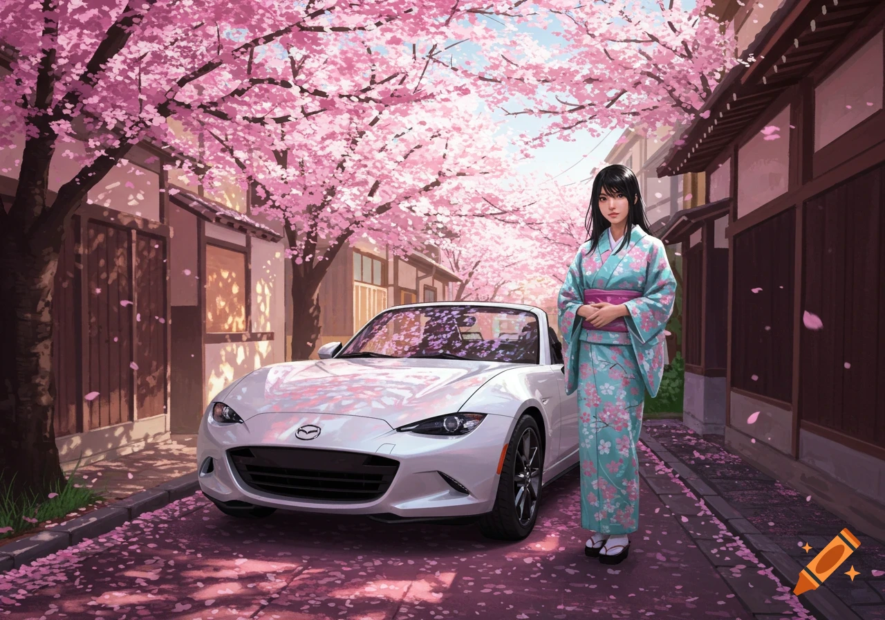 A Japanese girl in a kimono stands beside a white Mazda MX-5 convertible on a cherry blossom-lined street.