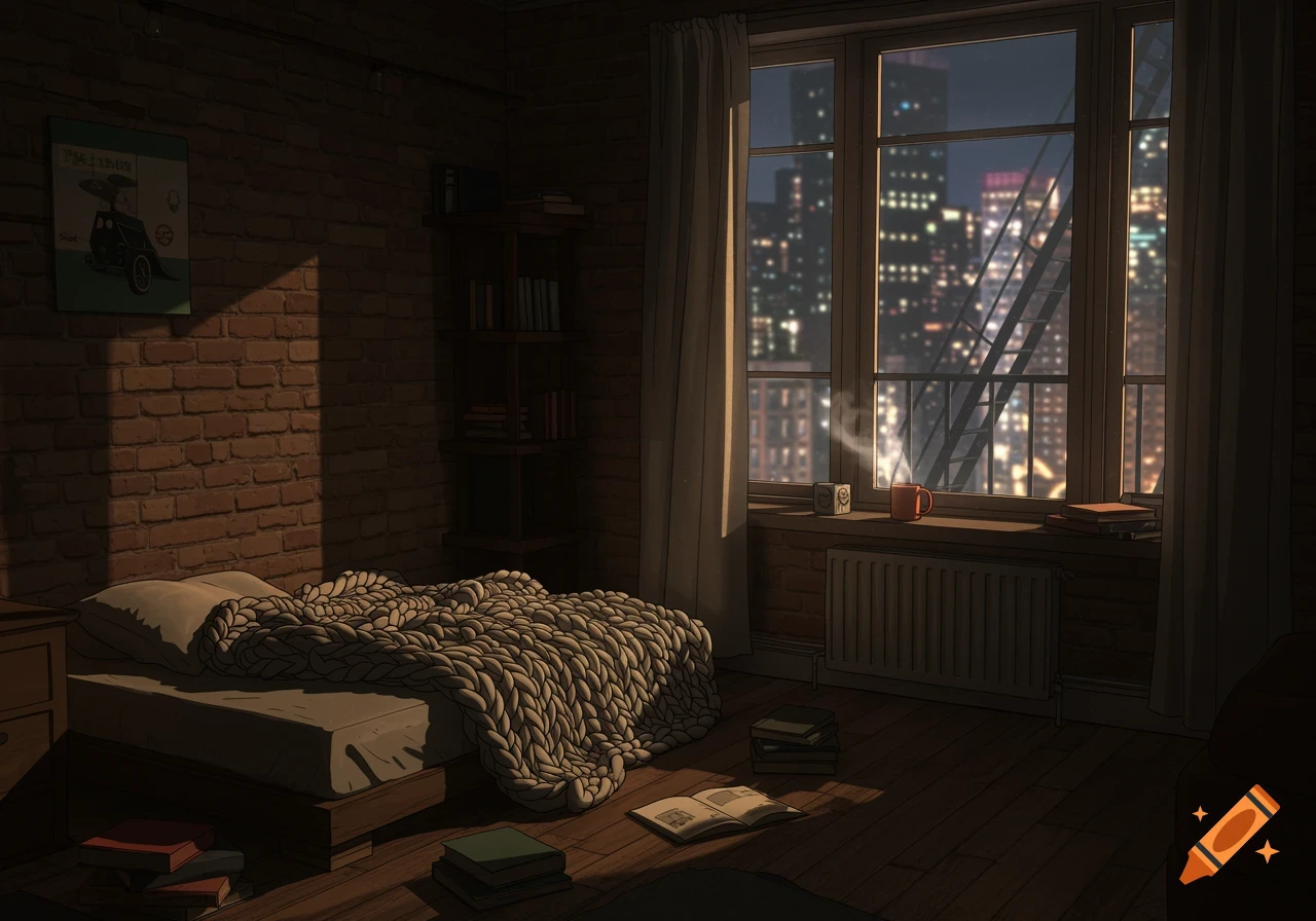 An anime-style view of a cozy, dim New York City apartment bedroom at night, with city lights visible through a large window.