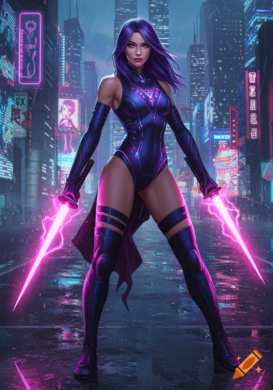 A vibrant image of a purple-haired female superhero in a dark blue bodysuit holding two glowing pink swords in a neon-lit cyberpunk city street.