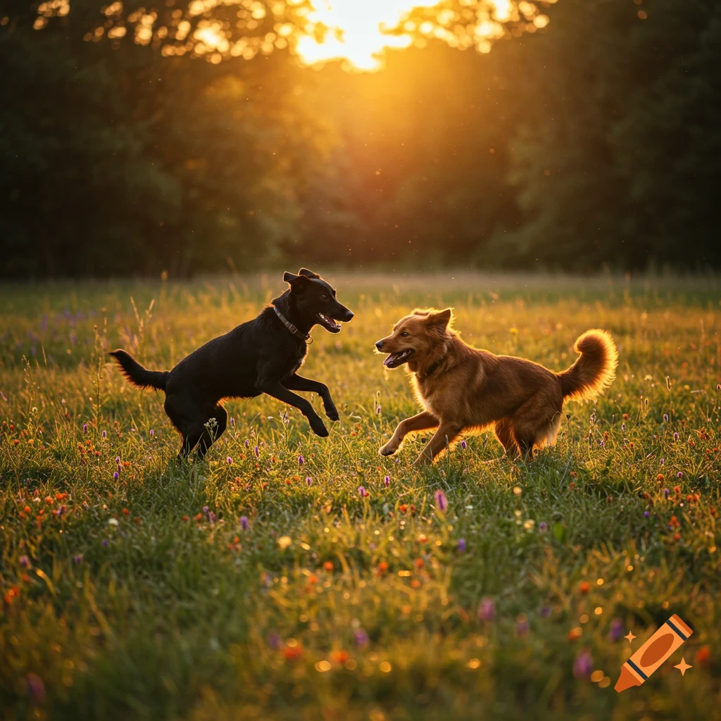 Two dogs, one black and one brown, playing in a sunny, grassy field during golden hour.