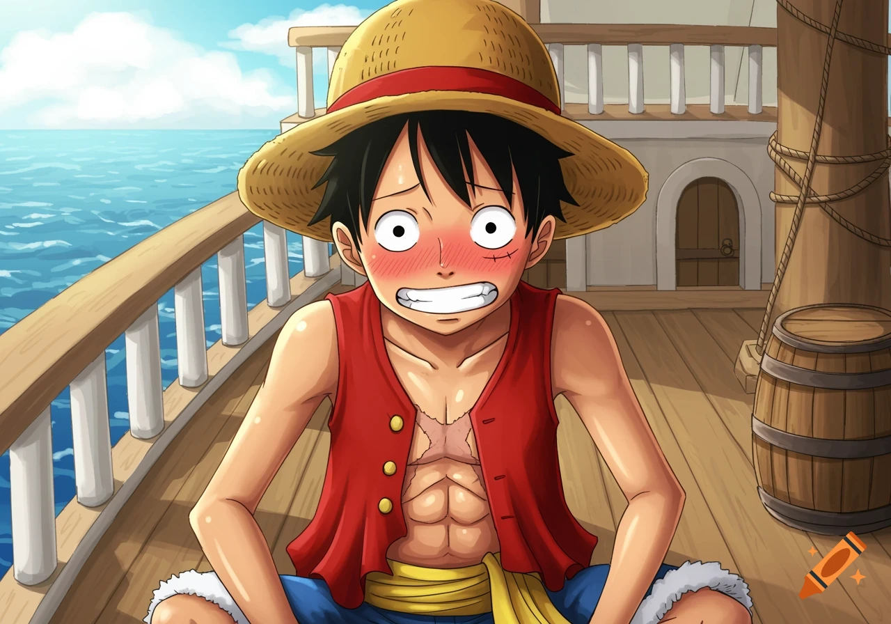 Monkey D. Luffy from One Piece looking embarrassed on the deck of a ship with ocean in the background, anime style.