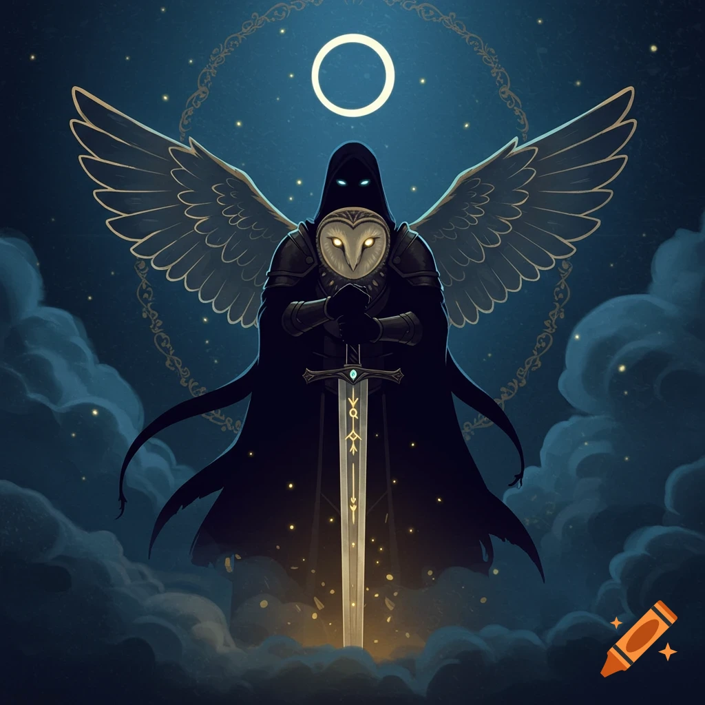 A hooded, winged figure with an owl head holds a glowing sword under a crescent moon in a starry night sky, surrounded by clouds.