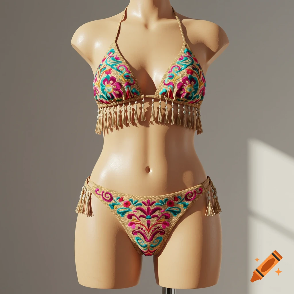 Tan bikini with vibrant floral embroidery and tassels on a mannequin.