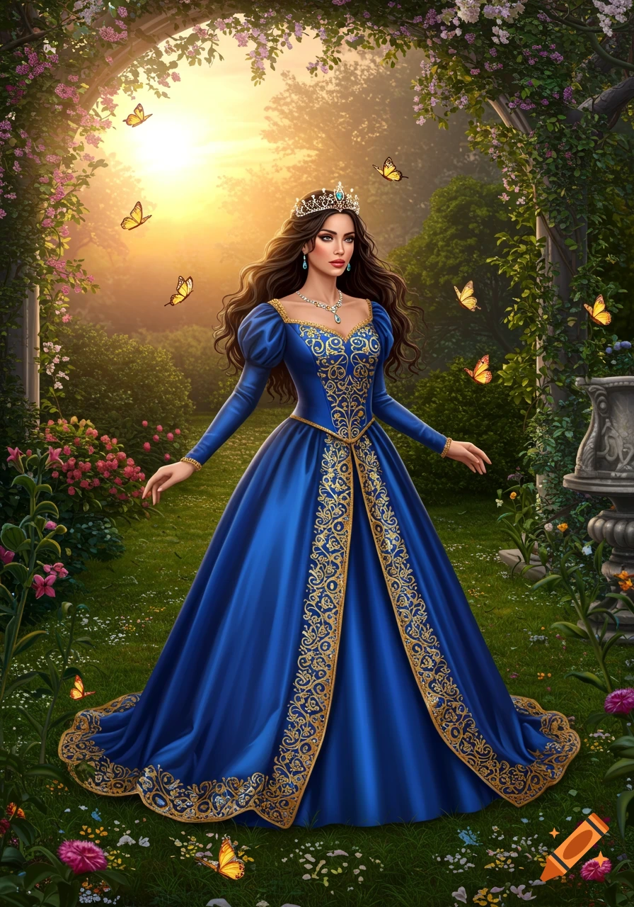 A majestic princess in a blue and gold gown with a crown stands in a vibrant garden with butterflies at sunset.