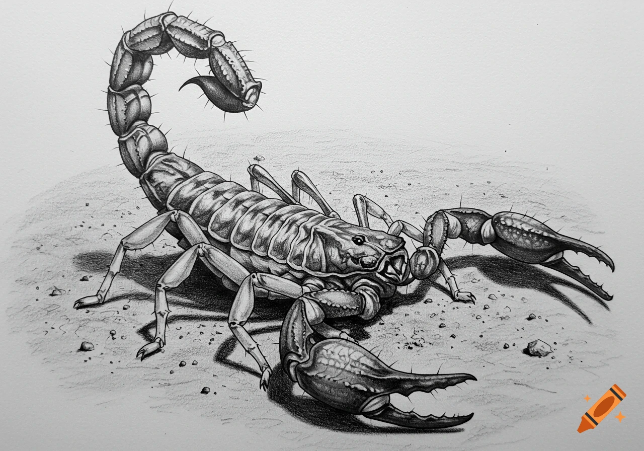 A detailed black and white pencil drawing of a scorpion on a textured ground.