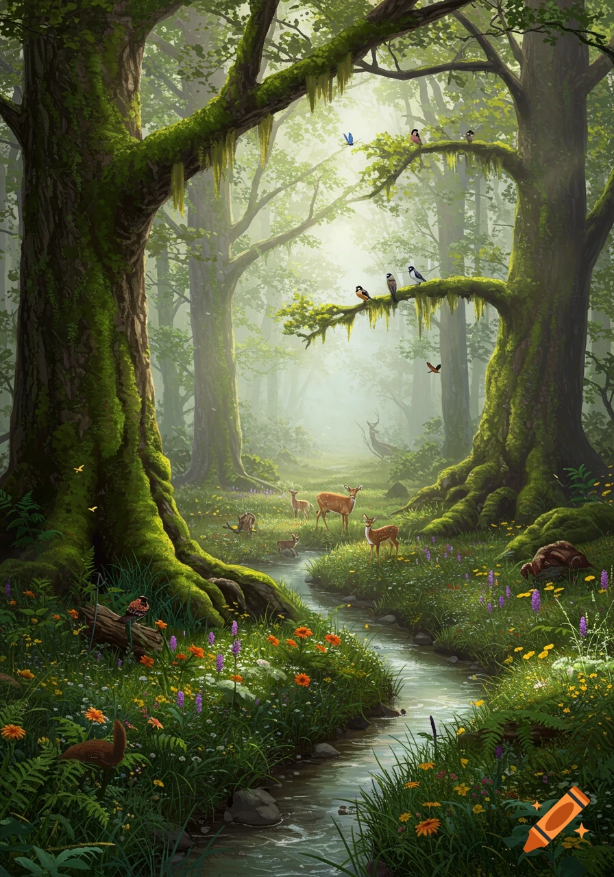 Lush, sun-dappled forest scene with a winding stream, grazing deer, and birds perched on mossy tree branches.