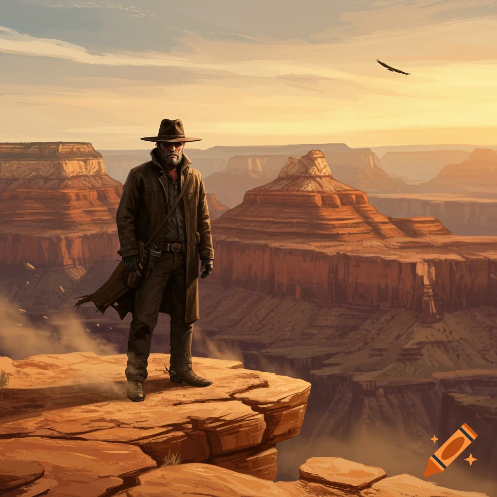 A man in a cowboy hat and duster coat stands on a cliff overlooking a grand canyon at sunset, digital art.