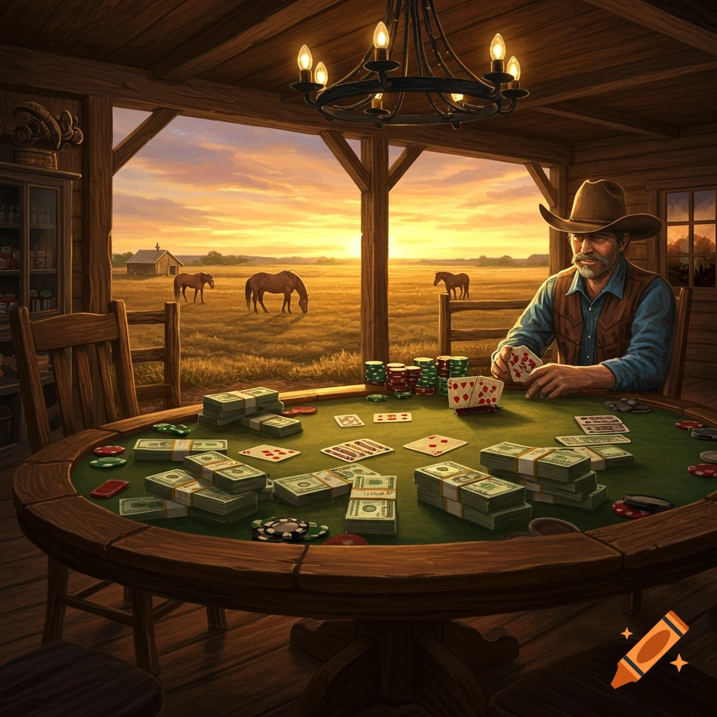A cowboy sits at a wooden poker table filled with stacks of money and chips, holding cards. Horses graze outside in a field at sunset.
