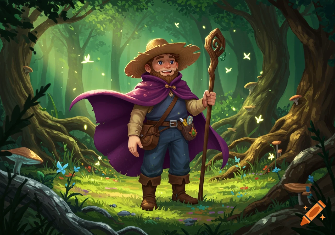 A smiling cartoon farmer with a beard, straw hat, and purple cloak stands in an enchanted forest with glowing fireflies and mushrooms, holding a staff.