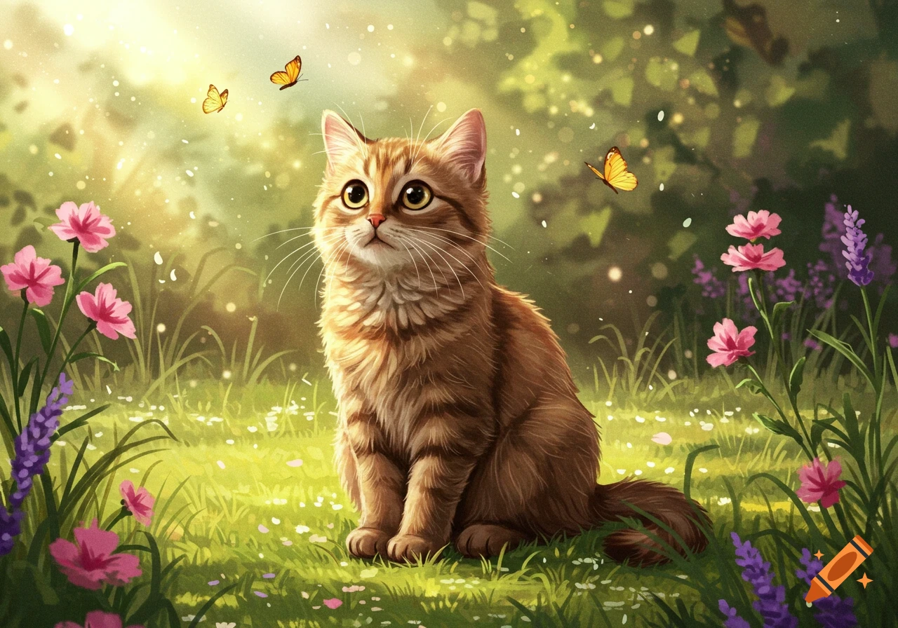 An adorable ginger cat with big eyes sits in a sunlit meadow with pink and purple flowers and butterflies.