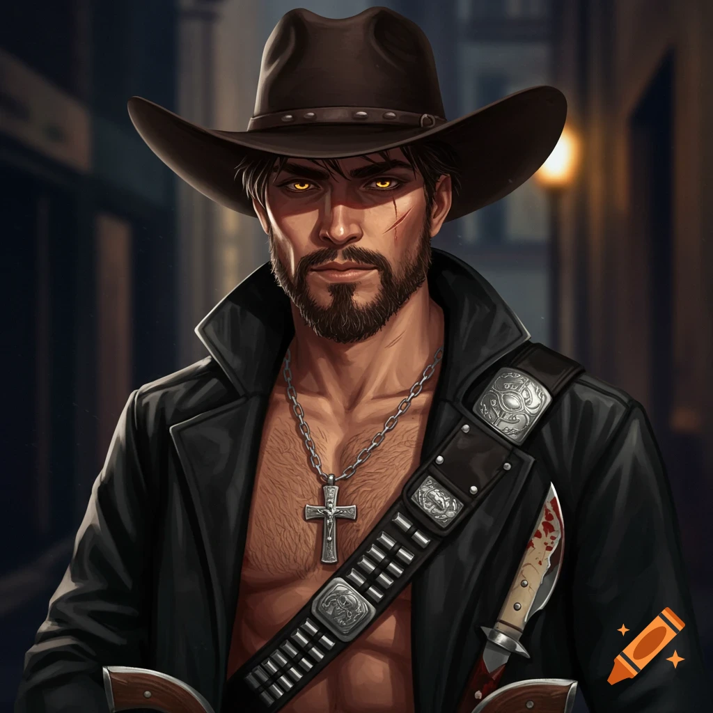 A rugged cowboy in a black duster and hat, with golden eyes and a beard, wearing a cross necklace and a gun belt with a bloody knife.