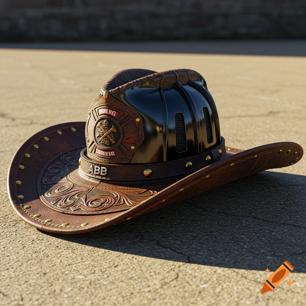A photorealistic leather cowboy hat with a firefighter helmet crown sits on a concrete surface.
