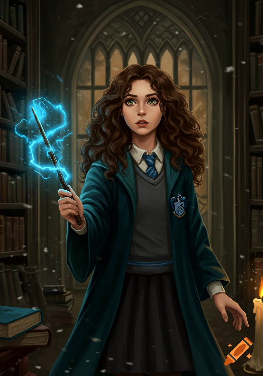 A stylized illustration of a young Ravenclaw witch with long brown curly hair and green eyes, holding a glowing wand in a dimly lit library.