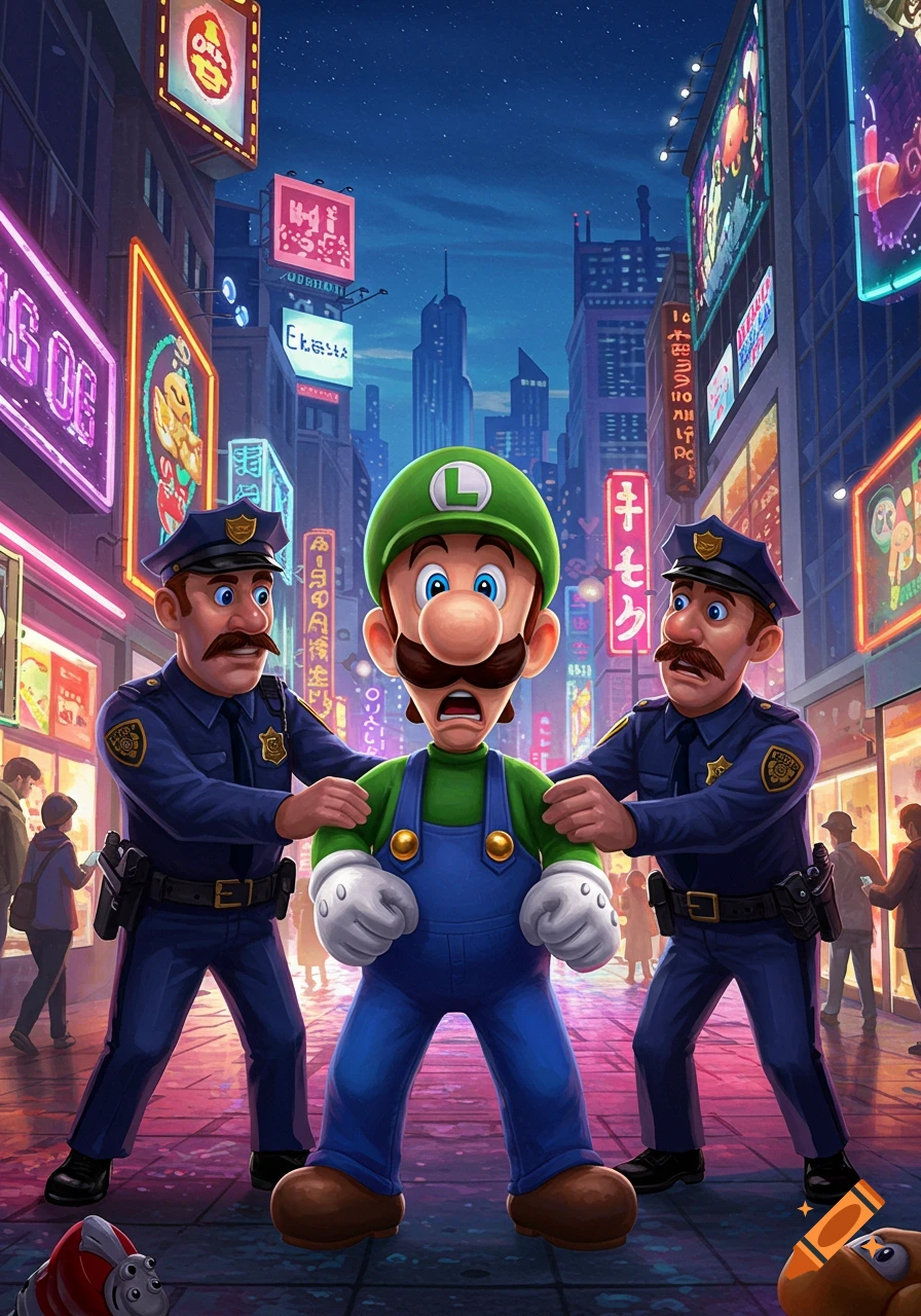 Luigi is arrested by two police officers on a neon-lit city street at night.