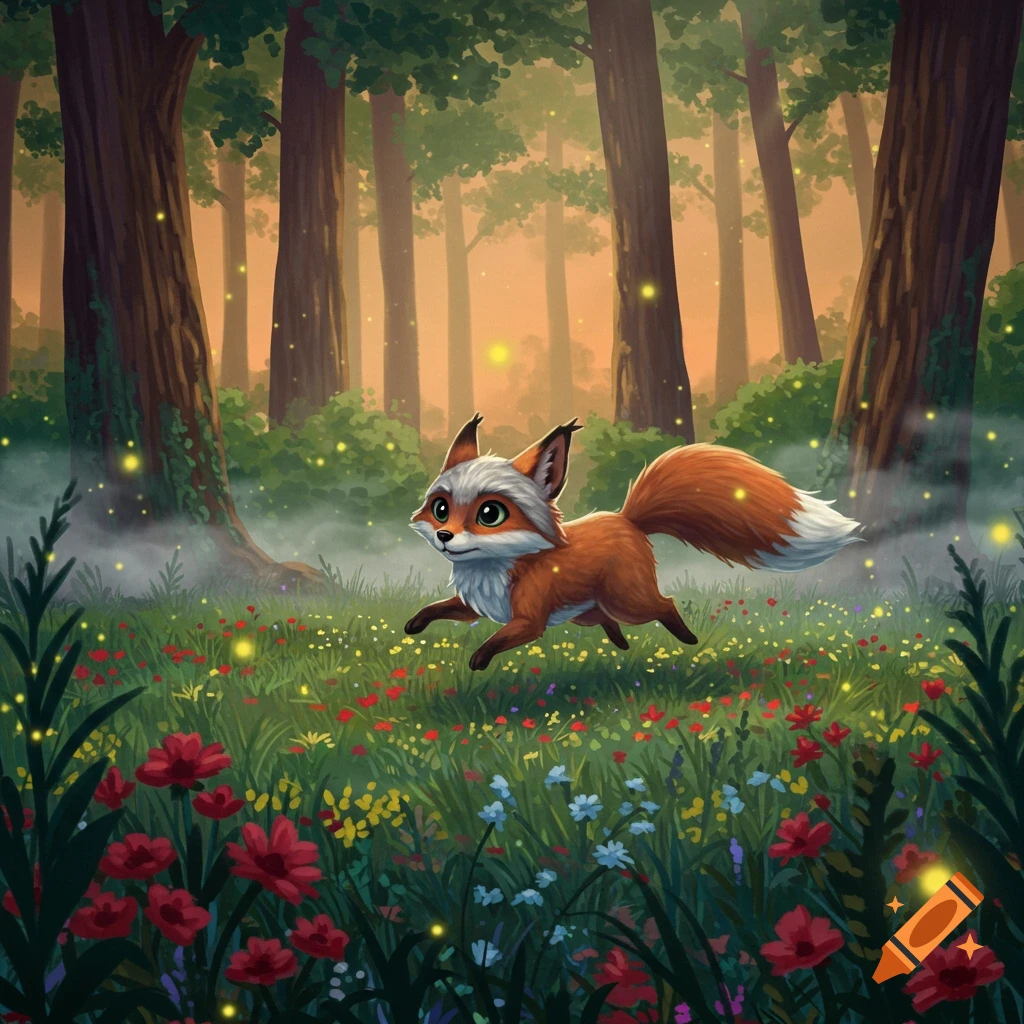 A cute, stylized red fox with white markings runs through a magical forest filled with colorful flowers and glowing fireflies.