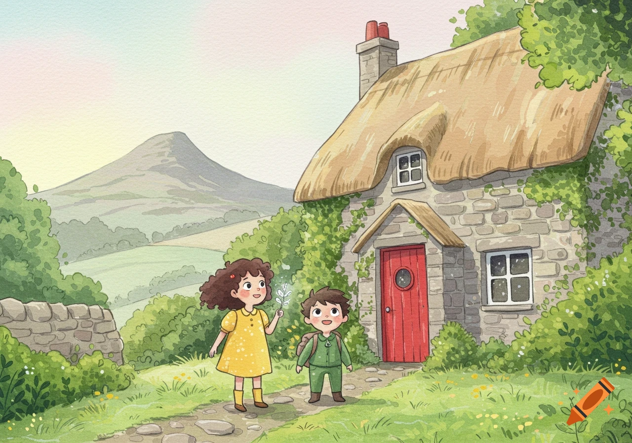 Watercolor illustration of two children, Luna and Astro, on a path in front of a stone cottage, with Pendle Hill in the background.