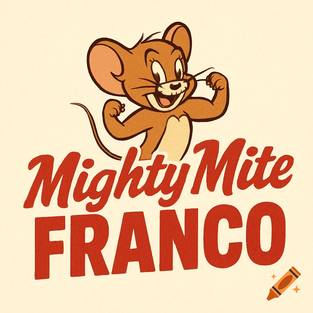 Jerry the mouse from Tom and Jerry flexing his muscles above the red text "Mighty Mite Franco" in a 50s cartoon style.