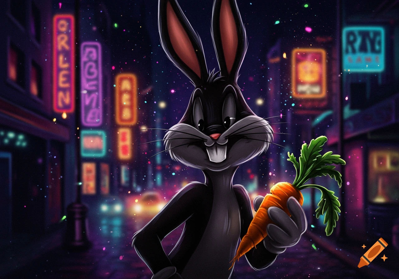 Bugs Bunny holding a carrot on a vibrant, neon-lit city street at night, with scattered bright particles.