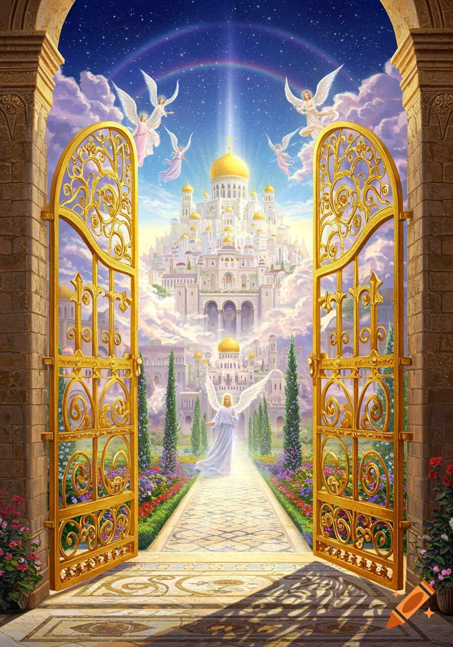 Ornate golden gates open to a radiant heavenly city with angels and a rainbow in the starry sky, with an angel standing on a path leading into the city.