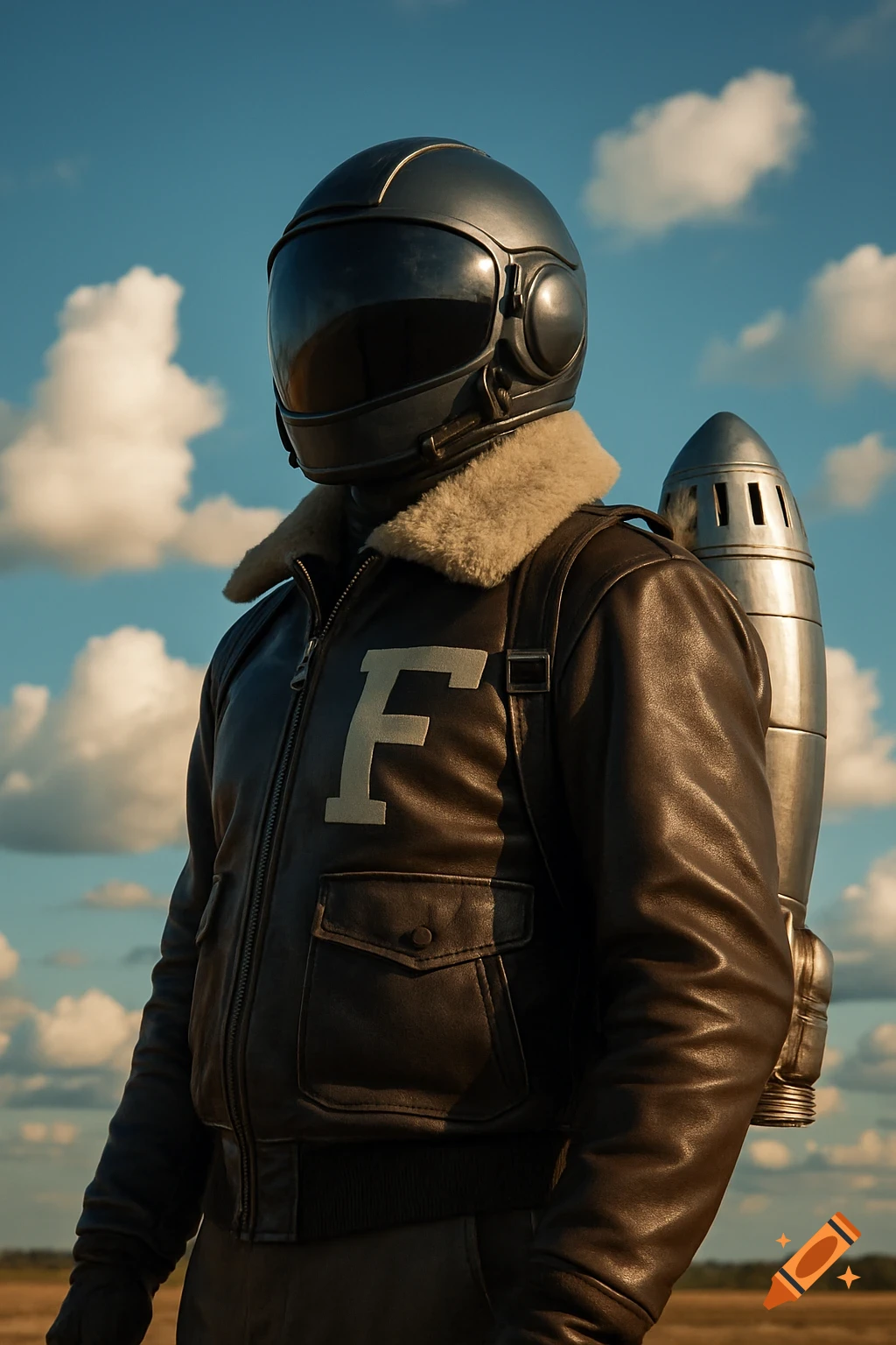 A man in a futuristic pilot helmet, brown leather flight jacket with an 'F' on it, and a silver jet pack stands outdoors under a blue sky.