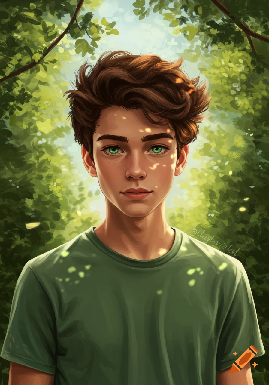 A digital art portrait of a young man with brown hair and striking green eyes, wearing a green t-shirt, amidst sun-dappled green foliage.