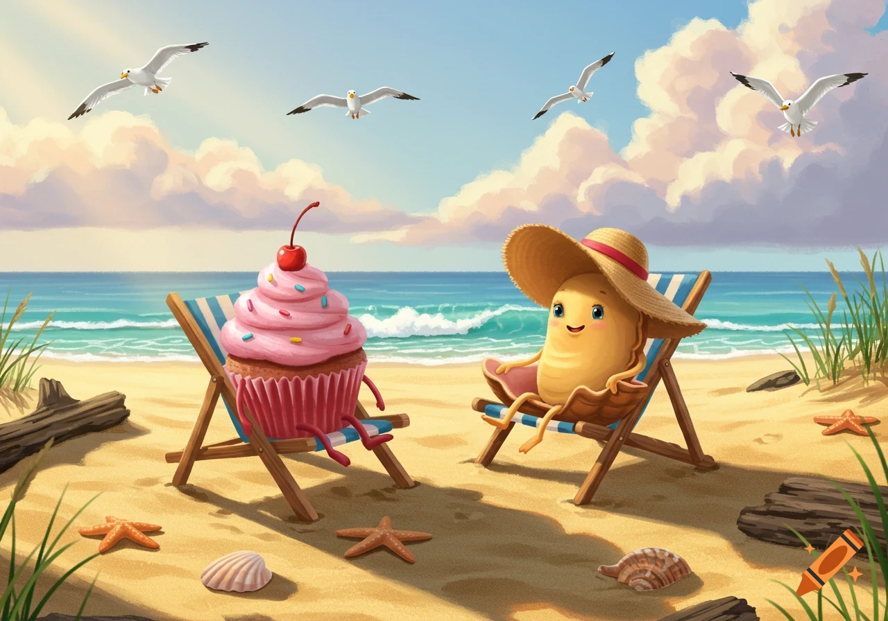 A whimsical cartoon shows a pink cupcake and a potato-like character in a straw hat sitting on beach chairs at a sunny beach, with seagulls flying over the ocean.