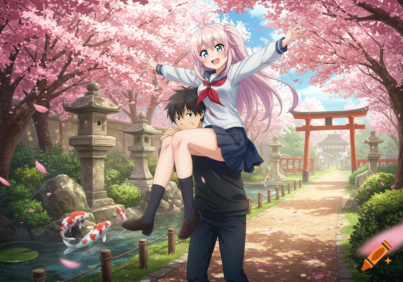 Anime girl with pink hair carried on a boy's shoulders under cherry blossom trees in a Japanese garden.